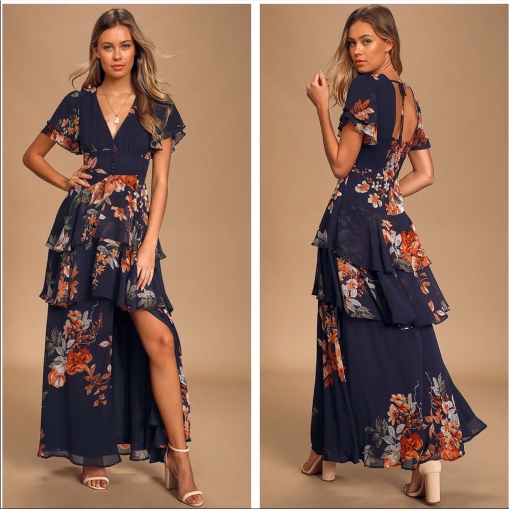 NWOT Midnight Mood Navy Floral Tiered Maxi Dress